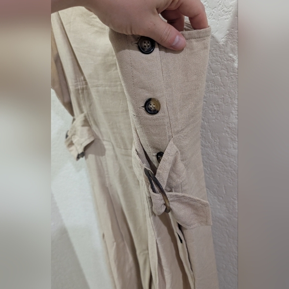 Promesa Beige Wideleg Cotton Jumpsuit with Button And Waist belt Detail - Picture 5 of 10